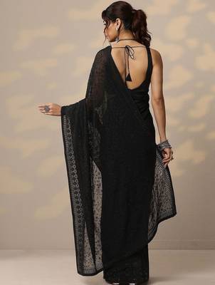 black embroidered georgette sarees with unstitched blouse piece 5