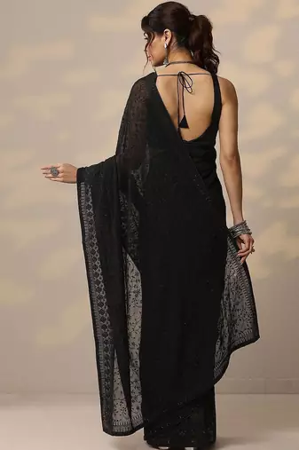 black embroidered georgette sarees with unstitched blouse piece