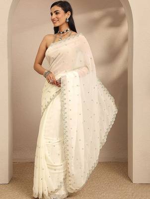 off white embroidered georgette saree with unstitched blouse piece 1