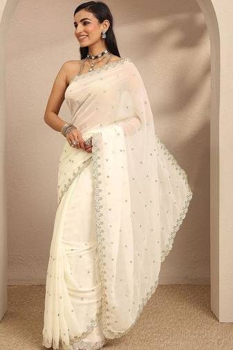off white embroidered georgette saree with unstitched blouse piece