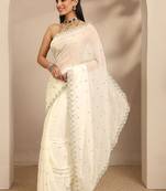 off white embroidered georgette saree with unstitched blouse piece