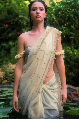 off white embroidered georgette saree with unstitched blouse piece