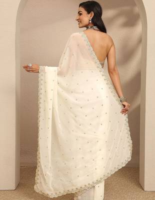 off white embroidered georgette saree with unstitched blouse piece 4