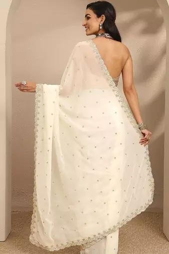 off white embroidered georgette saree with unstitched blouse piece