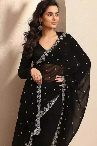 black embroidered georgette saree with unstitched blouse piece