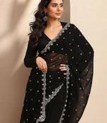 black embroidered georgette saree with unstitched blouse piece