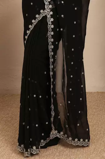 black embroidered georgette saree with unstitched blouse piece