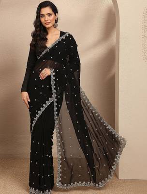 black embroidered georgette saree with unstitched blouse piece 3