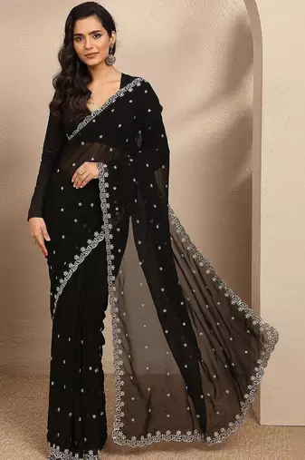 black embroidered georgette saree with unstitched blouse piece