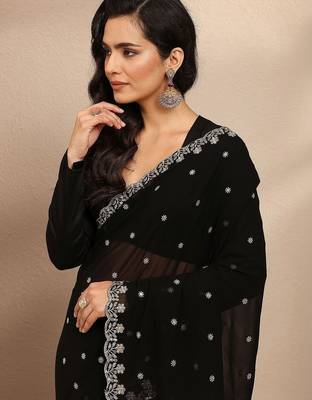 black embroidered georgette saree with unstitched blouse piece 4