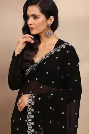 black embroidered georgette saree with unstitched blouse piece