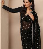 black embroidered georgette saree with unstitched blouse piece