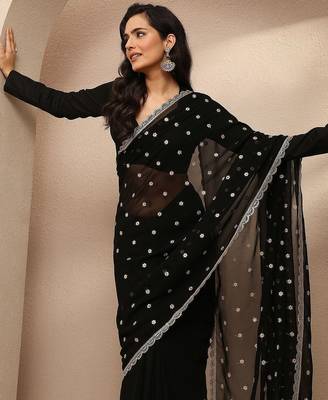 black embroidered georgette saree with unstitched blouse piece 2