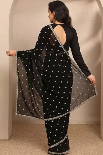 black embroidered georgette saree with unstitched blouse piece