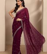 maroon embroidered georgette saree with unstitched blouse piece