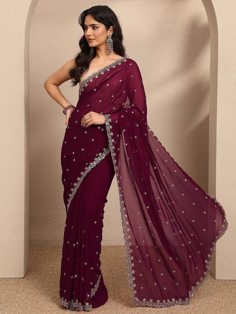 maroon embroidered georgette saree with unstitched blouse piece