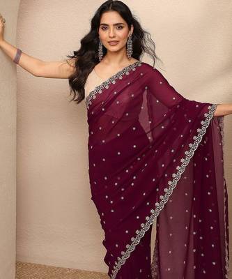 maroon embroidered georgette saree with unstitched blouse piece 3