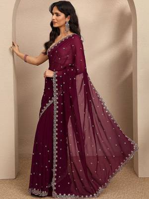 maroon embroidered georgette saree with unstitched blouse piece 5