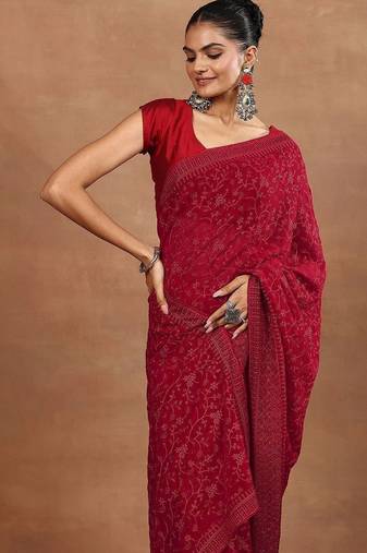 red embroidered georgette sarees with unstitched blouse piece