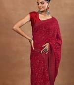 red embroidered georgette sarees with unstitched blouse piece