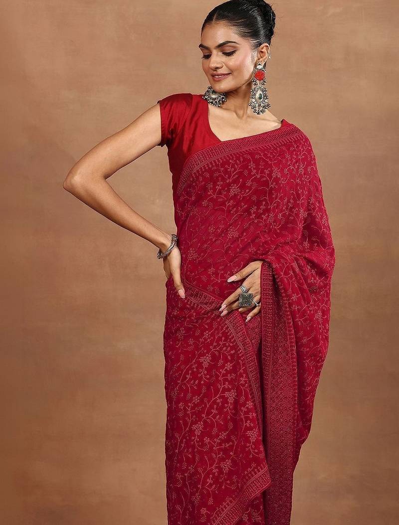 red embroidered georgette sarees with unstitched blouse piece