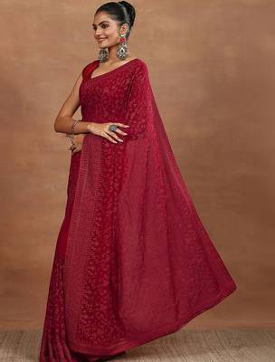 red embroidered georgette sarees with unstitched blouse piece 2