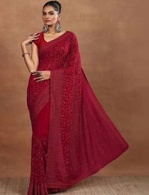 red embroidered georgette sarees with unstitched blouse piece 3