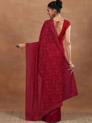 red embroidered georgette sarees with unstitched blouse piece 4