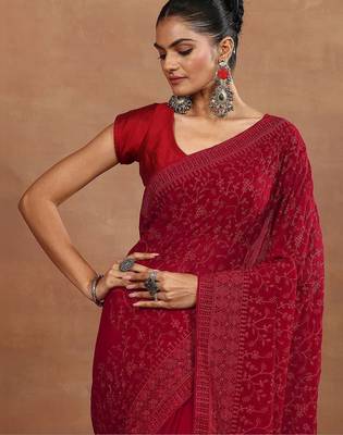 red embroidered georgette sarees with unstitched blouse piece 5