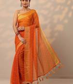 orange printed chiffon saree with unstitched blouse piece