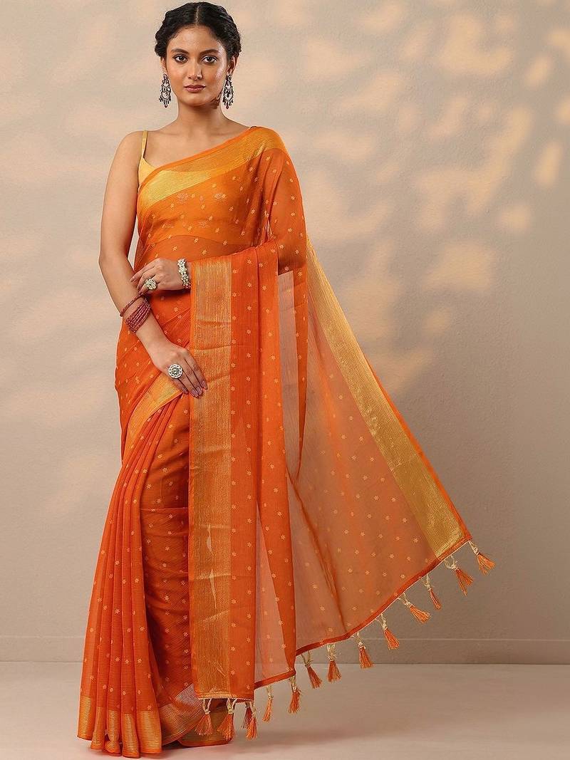 orange printed chiffon saree with unstitched blouse piece