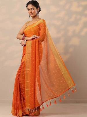 orange printed chiffon saree with unstitched blouse piece 2