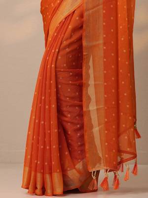 orange printed chiffon saree with unstitched blouse piece 3
