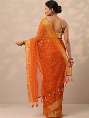 orange printed chiffon saree with unstitched blouse piece 5
