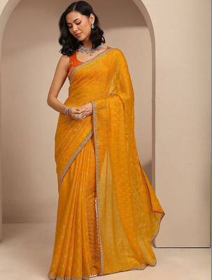 yellow printed saree with unstitched blouse piece 1