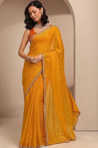 yellow printed saree with unstitched blouse piece