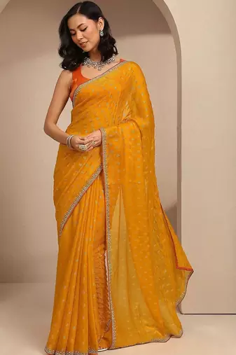 yellow printed saree with unstitched blouse piece