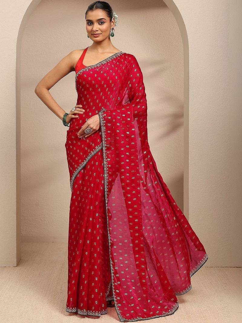 red floral printed saree with unstitched blouse piece