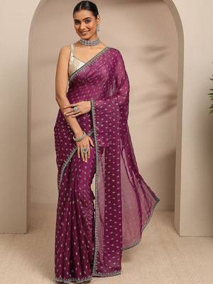 purple floral motif printed saree with embellished border and a blouse piece 1