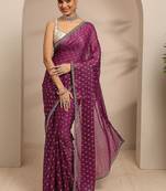 purple floral motif printed saree with embellished border and a blouse piece