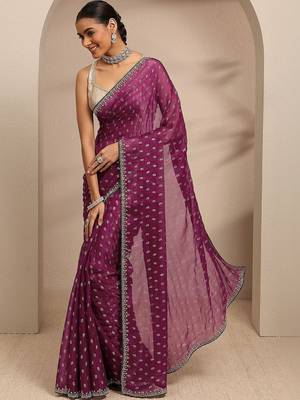 purple floral motif printed saree with embellished border and a blouse piece 5