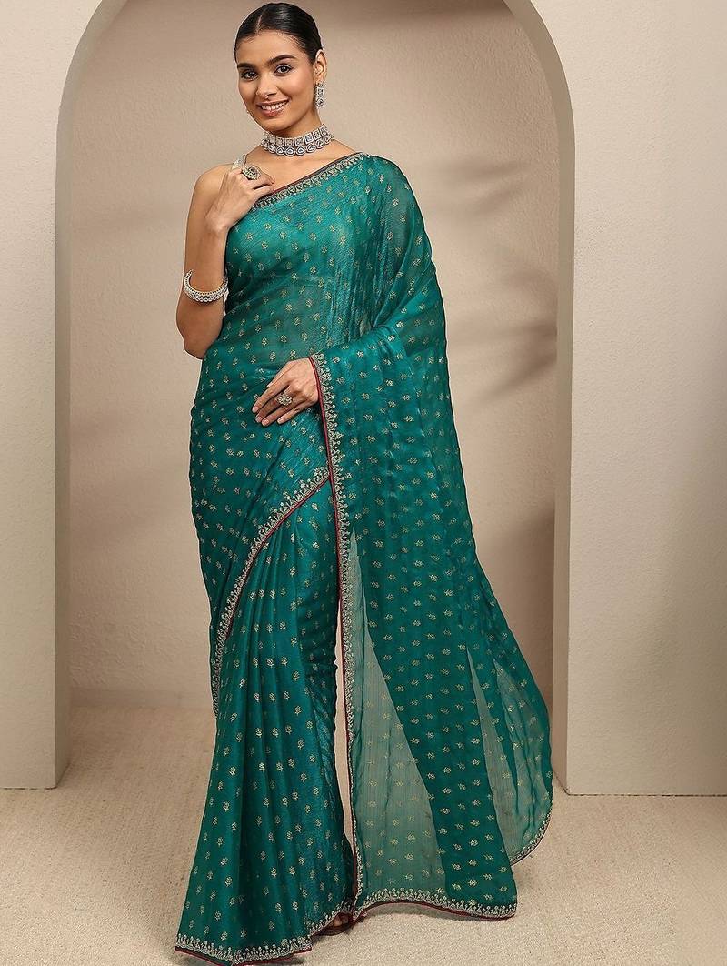 Teal blue floral printed saree with unstitched blouse piece