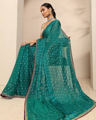 Teal blue floral printed saree with unstitched blouse piece 2