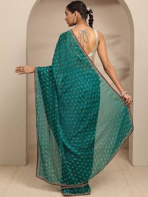 Teal blue floral printed saree with unstitched blouse piece 3