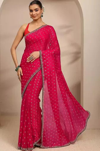 floral motif printed saree with embellished border and a blouse piece
