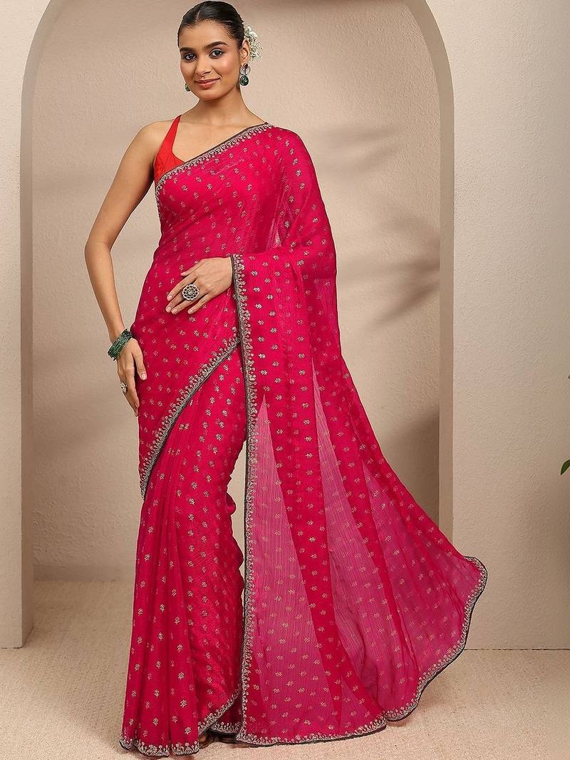 floral motif printed saree with embellished border and a blouse piece