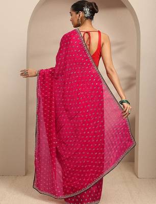 floral motif printed saree with embellished border and a blouse piece 3