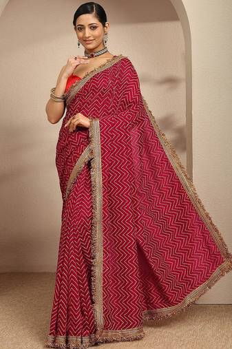 maroon chevron printed saree with unstitched blouse piece
