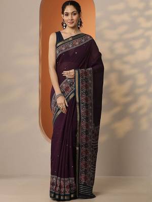 purple solid saree with unstitched blouse piece 2