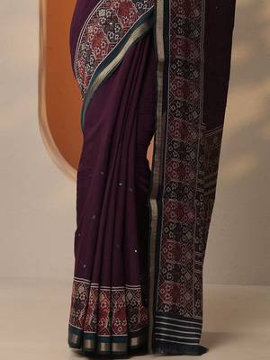 purple solid saree with unstitched blouse piece 3